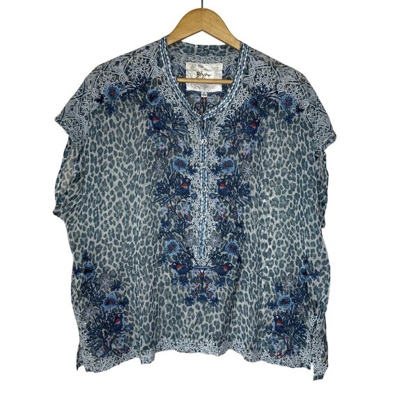 Johnny Was Biya Bluewell Chiffon Silk Embroidered Blouse BWomens Size M Boho Art - Picture 4 of 12